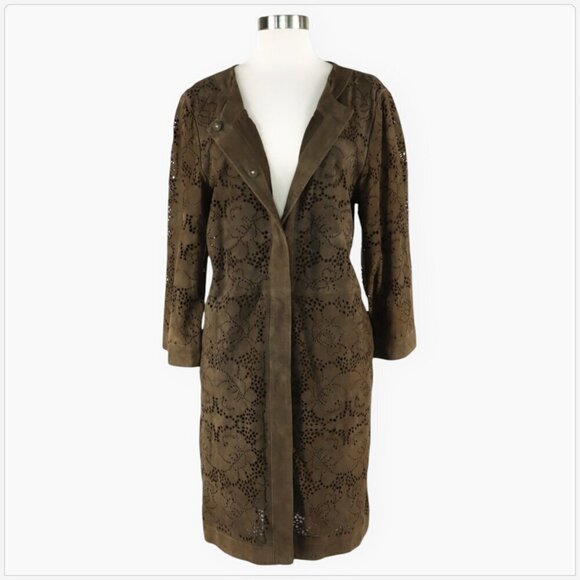 Jigsaw Suede 100% Leather Laser Cut Long Brown Olive Snap Front Coat Jacket M - Picture 5 of 7